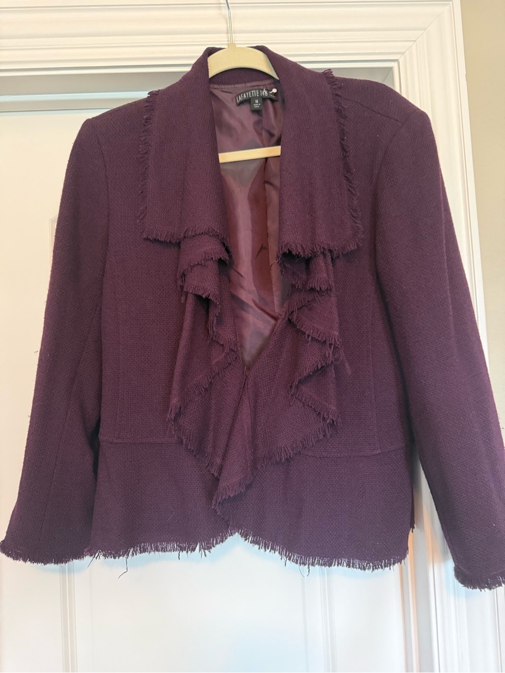 Lafayette 148 New York Deep Plum Ruffle-Trim Tweed Jacket
